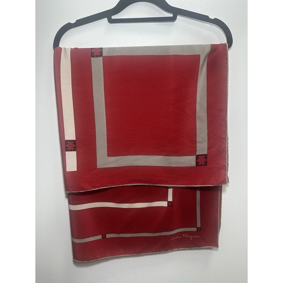 Salvatore Ferragamo Silk Scarf  Geometric Theme Red Authentic Vintage